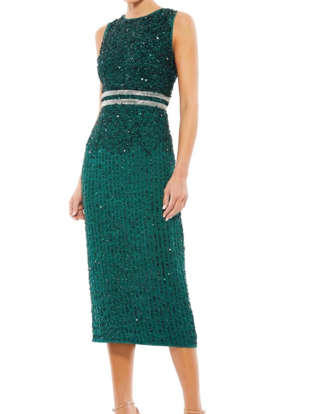 Mac Duggal Emerald Green Beaded Midi Dress with Silver Waistband
